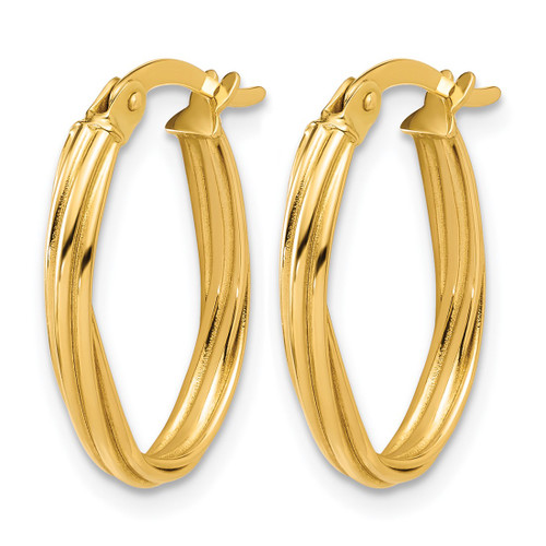 14K Yellow Gold Polished and Grooved Twist Oval Hoop Earrings, 20 mm - View 2
