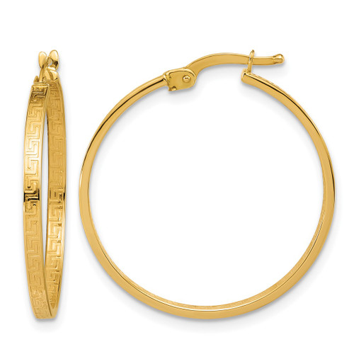 14K Yellow Gold Polished Greek Key Round Hoop Earrings, 28 mm
