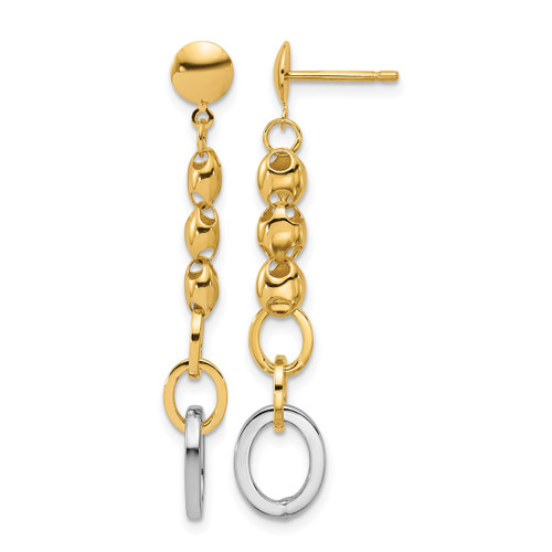 14K Yellow Gold Hollow with White RH Polished Fancy Oval Link Post Dangle Earrings, 41 mm