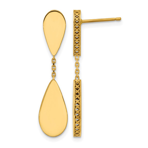 14K Yellow Gold Hollow Polished and Satin Teardrop Post Dangle Earrings, 34.2 mm