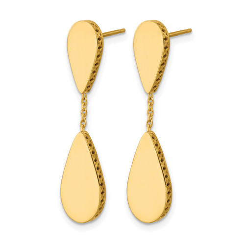 14K Yellow Gold Hollow Polished and Satin Teardrop Post Dangle Earrings, 34.2 mm - View 2