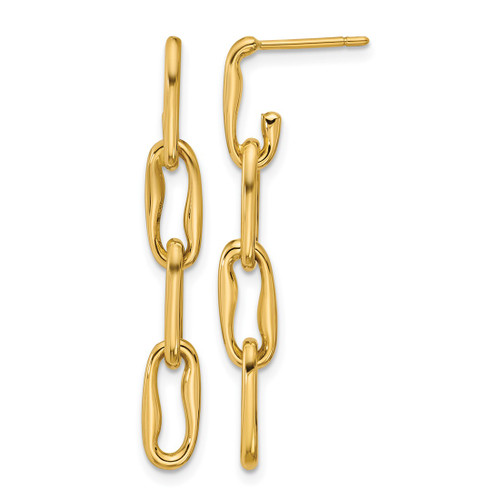 14K Yellow Gold Hollow Polished Wavy Elongated Oval Link Post Dangle Earrings, 35.75 mm