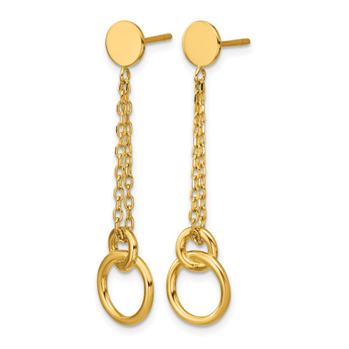 14K Yellow Gold Hollow Polished 2-Strand Double Circle Post Dangle Earrings, 40.4 mm - View 2