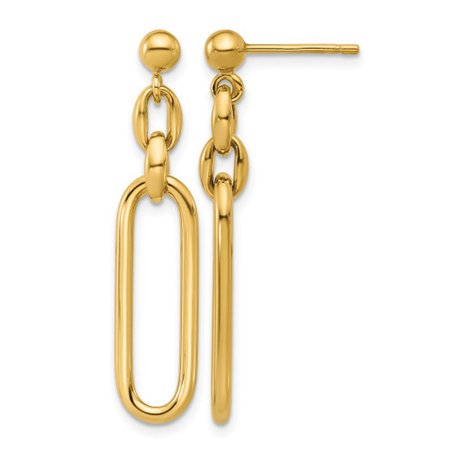 14K Yellow Gold Hollow Polished Fancy Elongated Oval Link Post Dangle Earrings, 37.7 mm