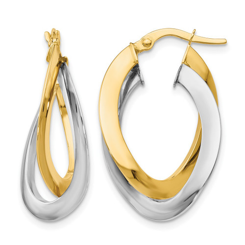 14K Two-Tone Gold Hollow Polished Twisted Double Hoop Earrings, 27 mm