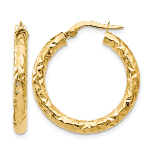 14K Yellow Gold Hollow ForeverLite Polished and Textured Hoop Earrings, 28 mm