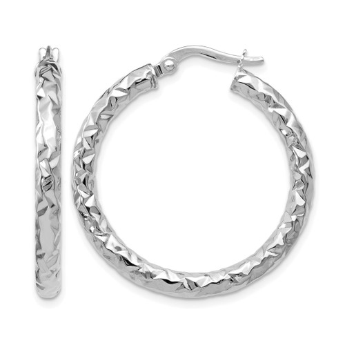 Rhodium-Plated 14K White Gold Hollow ForeverLite White Gold Polished and Textured Hoop Earrings, 30 mm