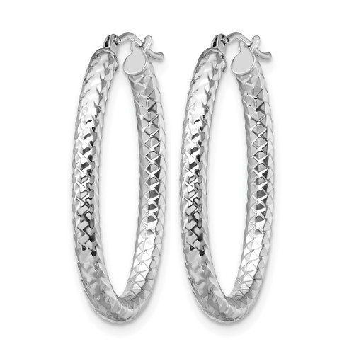 Rhodium-Plated 14K White Gold Hollow ForeverLite White Gold Polished and Textured Hoop Earrings, 32 mm - View 2