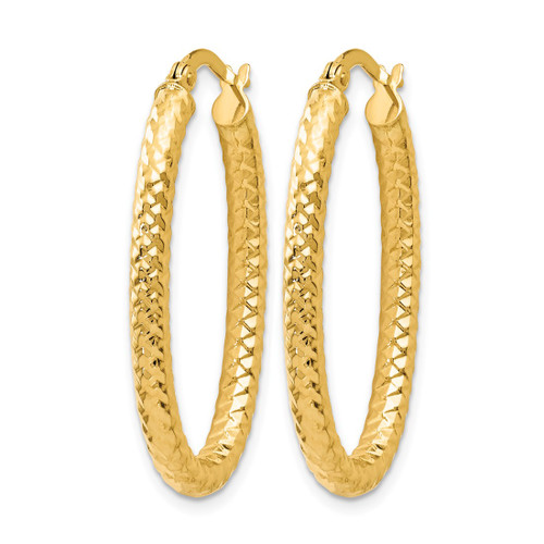 14K Yellow Gold Hollow ForeverLite Polished and Textured Oval Hoop Earrings, 32 mm - View 2