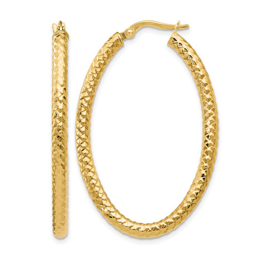 14K Yellow Gold Hollow ForeverLite Polished and Textured Oval Hoop Earrings, 42 mm