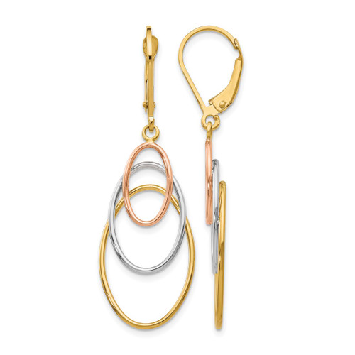 14K Tri-Color Gold Hollow Leverback Drop Earrings, 45 mm