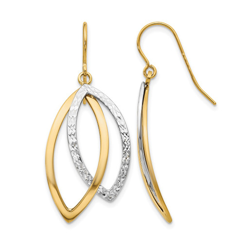 14K Two-Tone Gold Hollow Polished and Textured Shepherd Hook Drop French Wire Earrings, 37 mm