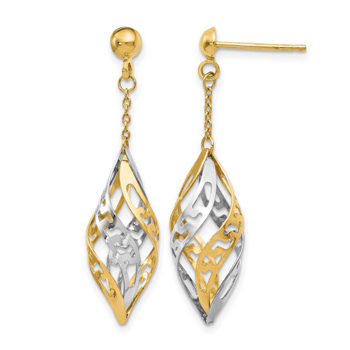 14K Two-Tone Gold Hollow Polished Post Dangle Earrings, 39 mm