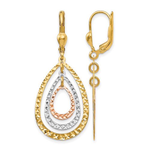 14K Tri-Color Gold Hollow Polished and Diamond-Cut Leverback Drop Earrings, 43 mm