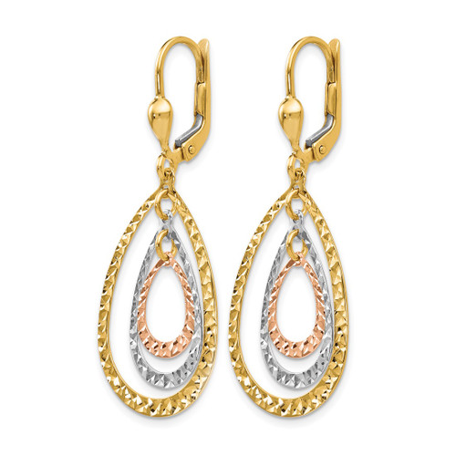 14K Tri-Color Gold Hollow Polished and Diamond-Cut Leverback Drop Earrings, 43 mm - View 2