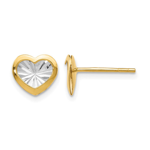 14K Yellow Gold Hollow with White Rhodium-Plated Polished and Diamond-Cut Heart Stud Earrings, 8 mm