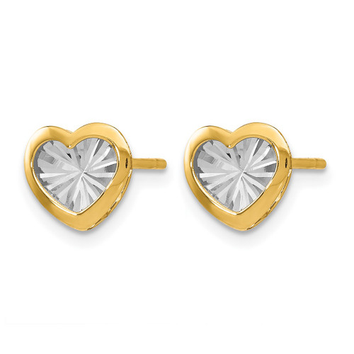 14K Yellow Gold Hollow with White Rhodium-Plated Polished and Diamond-Cut Heart Stud Earrings, 8 mm - View 2