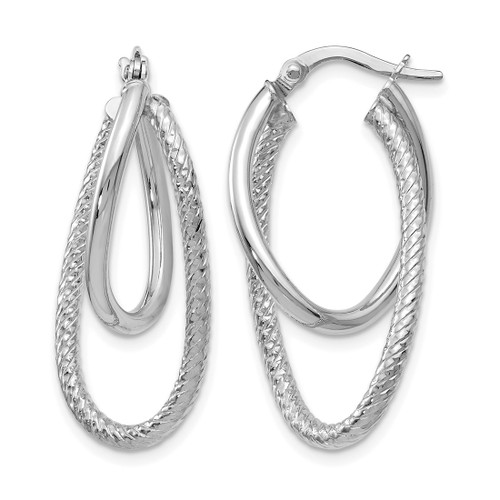 Rhodium-Plated 14K White Gold Hollow Polished and Textured Hinged Hoop Earrings, 28 mm