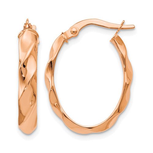 14K Rose Gold Hollow Polished and Twisted Oval Hoop Earrings, 22 mm