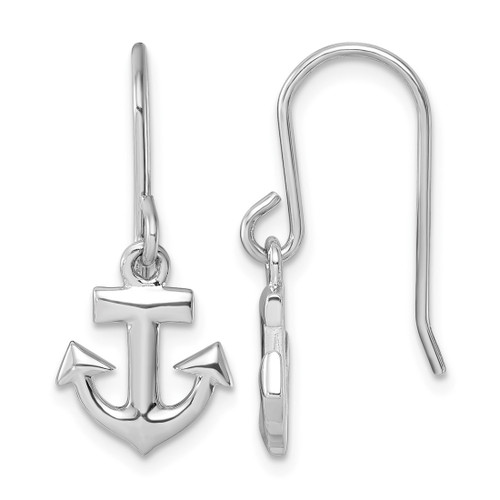 Sterling Silver Rhodium-Plated Polished Anchor Dangle French Wire Earrings, 24 mm