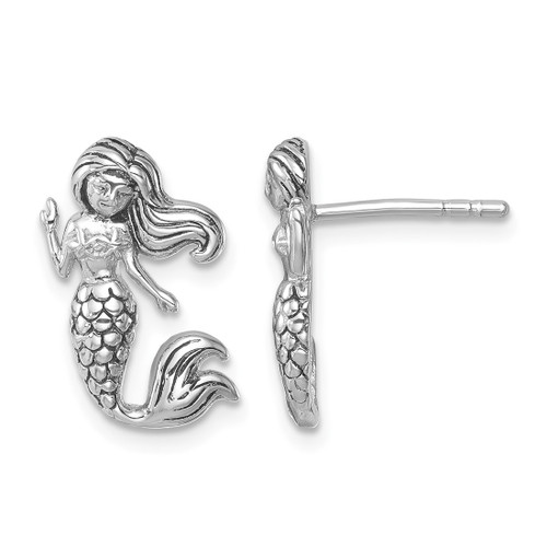 Sterling Silver Rhodium-Plated Antiqued Mermaid Stud Earrings, 15.8 mm