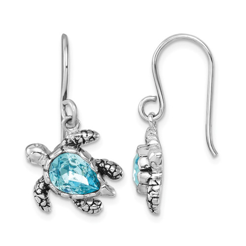Sterling Silver Rhodium-Plated Polished and Antiqued Blue Crystal Turtle Dangle French Wire Earrings, 27 mm
