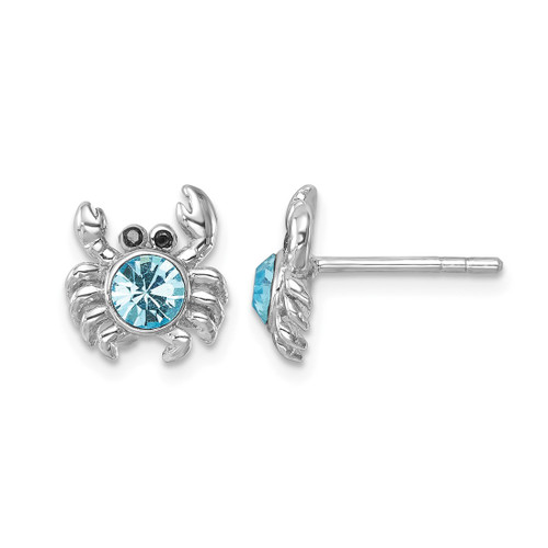 Sterling Silver Rhodium-Plated Polished Blue Crystal Crab Stud Earrings, 10 mm