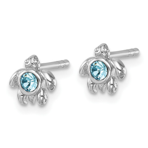 Sterling Silver Rhodium-Plated Polished Blue Crystal Inlay Tiny Turtle Stud Earrings, 6.5 mm - View 2
