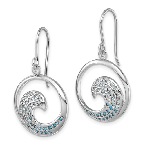 Sterling Silver Rhodium-Plated Polished Cubic Zirconia Wave Dangle French Wire Earrings, 34 mm - View 2