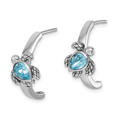 Sterling Silver Rhodium-Plated Polished and Antiqued Blue Crystal Turtle J-Hoop Earrings, 20 mm - View 2