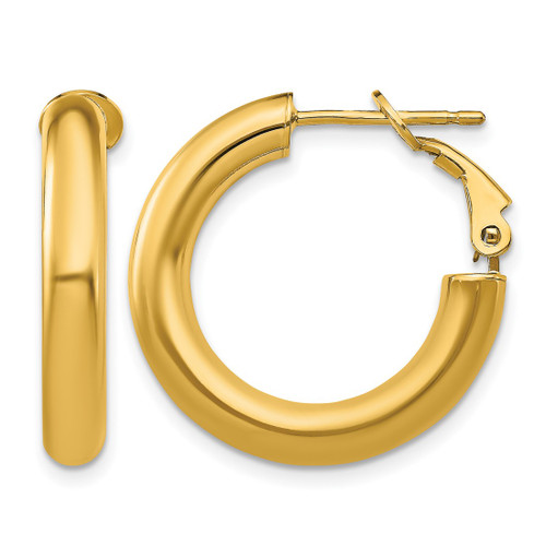 14K Yellow Gold 4 x 23 mm Polished Round Omega Back Tube Hoop Earrings, 23.5 mm Long