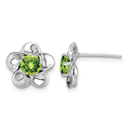 Sterling Silver Rhodium-Plated Floral Peridot Stud Earrings, 15 mm