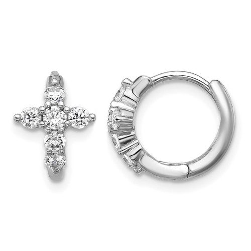 Cheryl M Sterling Silver Rhodium-Plated Polished Cubic Zirconia Cross Hinged Round Hoop Earrings, 11.65 mm