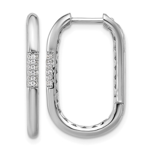 Cheryl M Sterling Silver Rhodium-Plated Polished Cubic Zirconia Oval Hinged Hoop Earrings, 24.8 mm