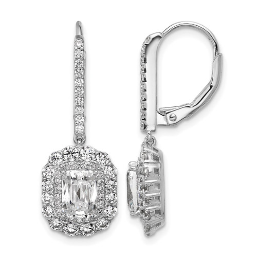 Cheryl M Sterling Silver Rhodium-Plated Polished Fancy Emerald-Cut Cubic Zirconia Halo Dangle Leverback Drop Earrings, 31.65 mm