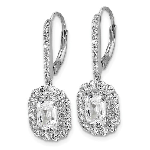 Cheryl M Sterling Silver Rhodium-Plated Polished Fancy Emerald-Cut Cubic Zirconia Halo Dangle Leverback Drop Earrings, 31.65 mm - View 2