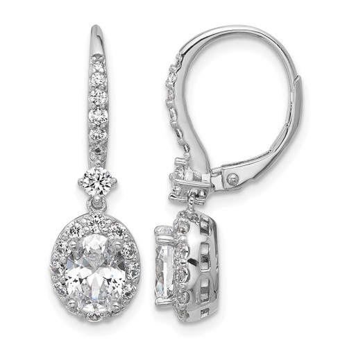 Cheryl M Sterling Silver Rhodium-Plated Polished Oval Cubic Zirconia Halo Leverback Dangle Earrings, 27.75 mm