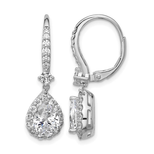Cheryl M Sterling Silver Rhodium-Plated Polished Pear Cubic Zirconia Halo Leverback Dangle Earrings, 29 mm