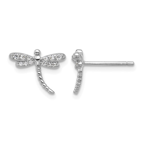 Cheryl M Sterling Silver Rhodium-Plated Polished and Beaded Cubic Zirconia Dragonfly Stud Earrings, 10.3 mm