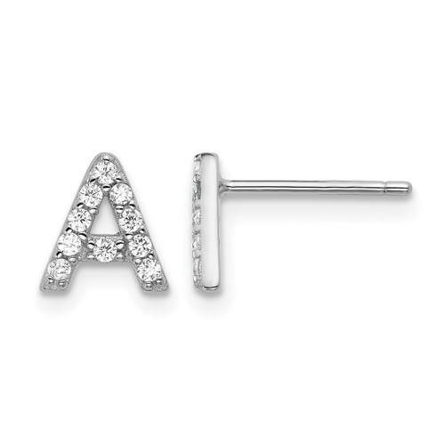 Cheryl M Sterling Silver Rhodium-Plated Polished Letter A Cubic Zirconia Initial Stud Earrings, 7.5 mm