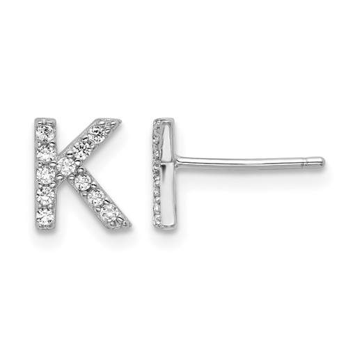 Cheryl M Sterling Silver Rhodium-Plated Polished Letter K Cubic Zirconia Initial Stud Earrings, 7.5 mm