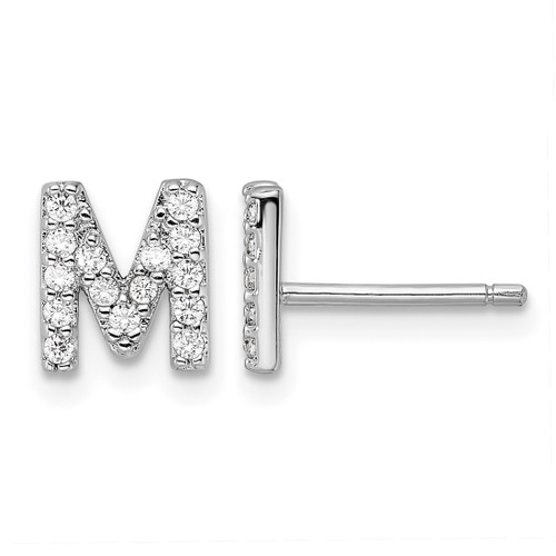 Cheryl M Sterling Silver Rhodium-Plated Polished Letter M Cubic Zirconia Initial Stud Earrings, 7.5 mm