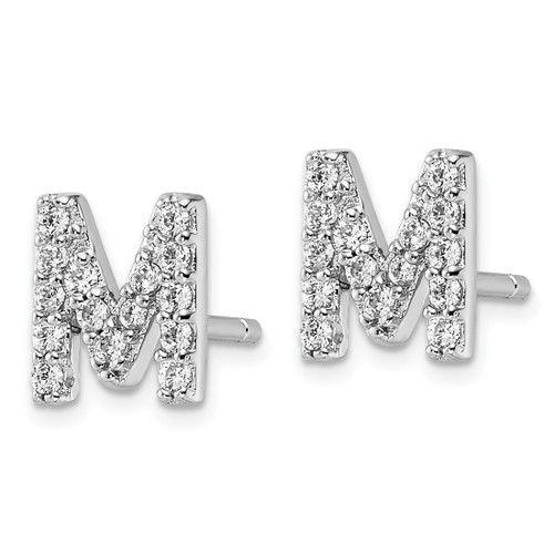 Cheryl M Sterling Silver Rhodium-Plated Polished Letter M Cubic Zirconia Initial Stud Earrings, 7.5 mm - View 2