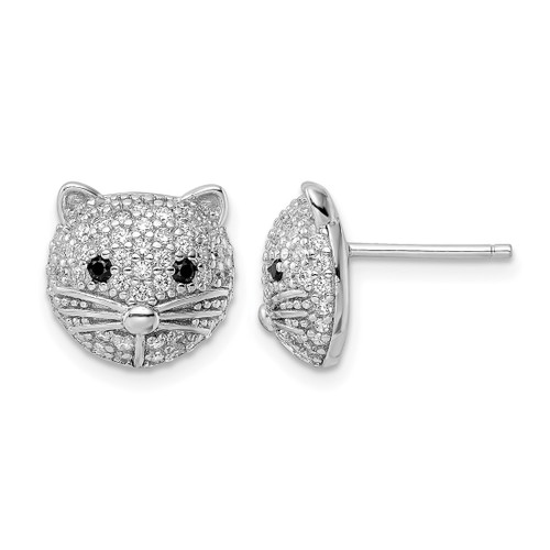 Cheryl M Sterling Silver Rhodium-Plated Polished Black and White Cubic Zirconia Cat Stud Earrings, 11.5 mm