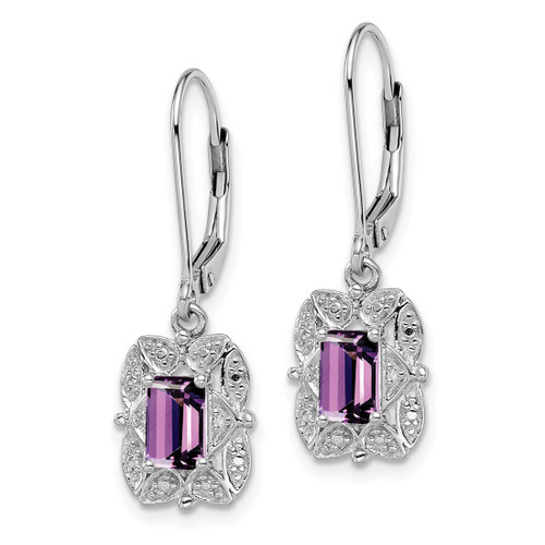 Sterling Silver Rhodium-Plated 0.01ct Diamond and Amethyst Drop Leverback Earrings, 30 mm - View 2