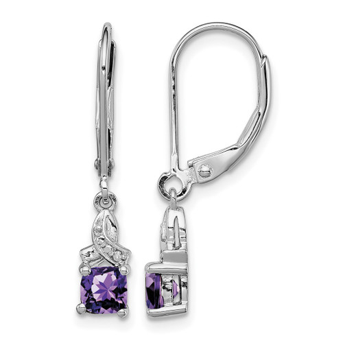 Sterling Silver Rhodium-Plated Amethyst and 0.007ct Diamond Drop Leverback Earrings, 24 mm