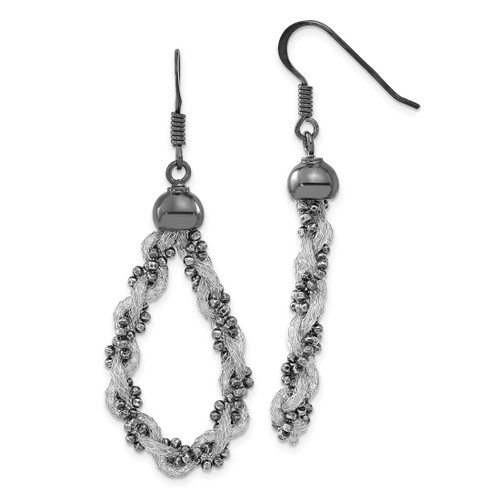 Sterling Silver with Black Rhodium-Plated Mesh & Beaded Teardrop Dangle French Wire Earrings, 58 mm
