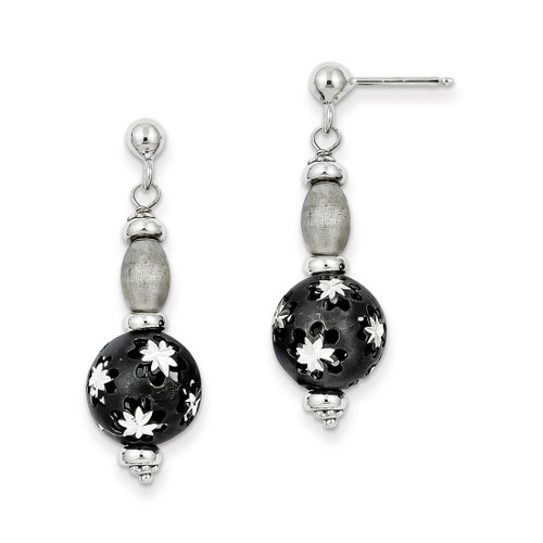 Sterling Silver Black Rhodium-Plated and Diamond-Cut Bead Post Dangle Earrings, 37 mm