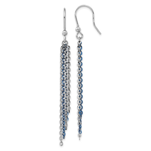 Sterling Silver Rhodium-Plated & Blue Flash-Plated Chain Dangle French Wire Earrings, 82.5 mm