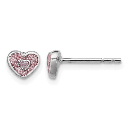 Sterling Silver Rhodium-Plated Polished Pink Glitter Enamel Heart Petite Stud Earrings, 5 mm